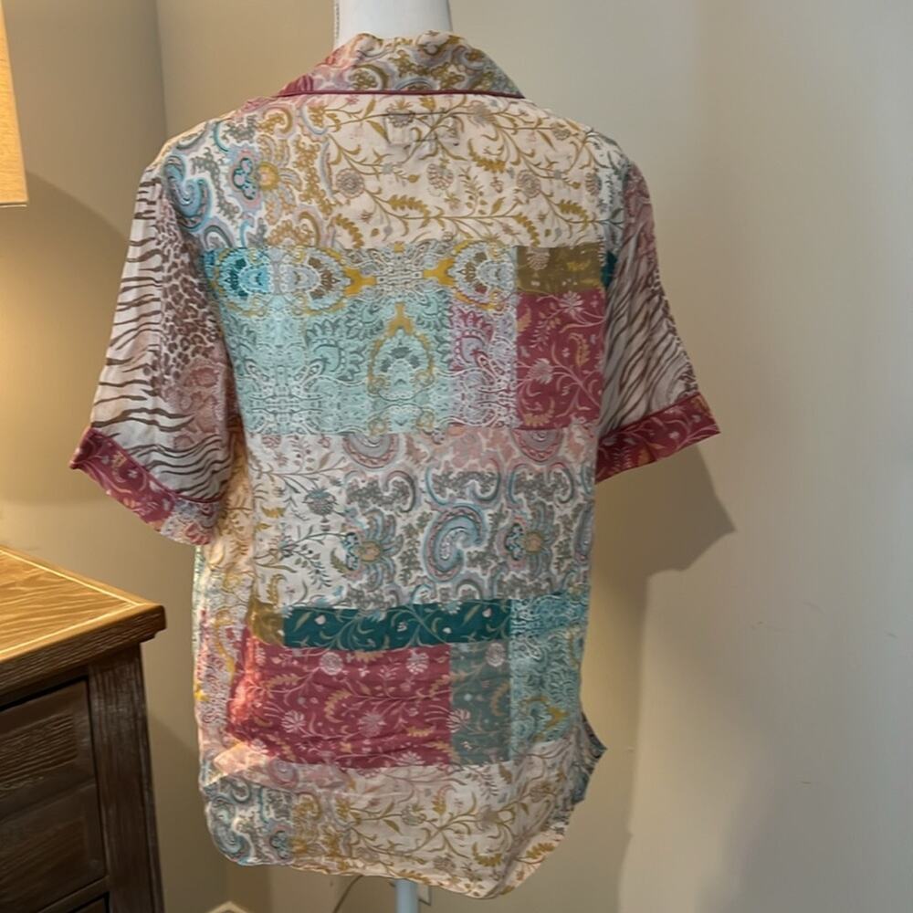 Patchwork Print Short-Sleeve Button Front Top - Multi - Picture 11 of 16